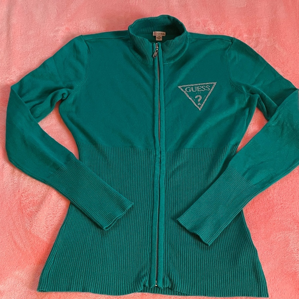 Sweater/Top, GUESS Turquoise Zip-Up GUESS Logo in crystals. 
Dressy lil Sweater